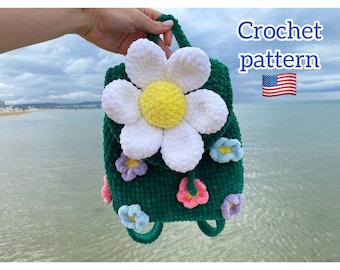 Patrón de mochila de flores a crochet. Bolso de margaritas de verano para niñas. Tutorial en PDF de una linda mini mochila floral.