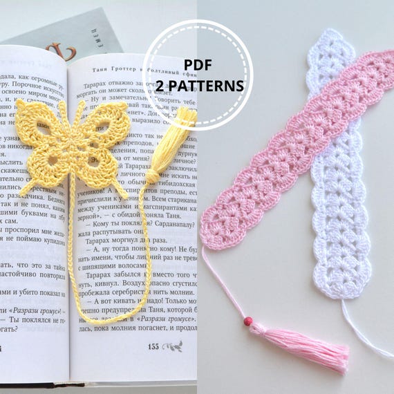 Preview of 2 in 1 Bookmark crochet patterns: Lace and Butterfly. Handmade bookmark. Beautiful crochet bookmark. Easy pattern. Beginner crochet tutorial by ThreadTutorial
