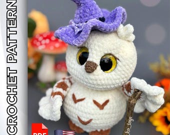 Padrão de crochê de coruja de Halloween com chapéu de bruxa e abóbora. Tutorial em PDF de amigurumi. Download digital instantâneo.