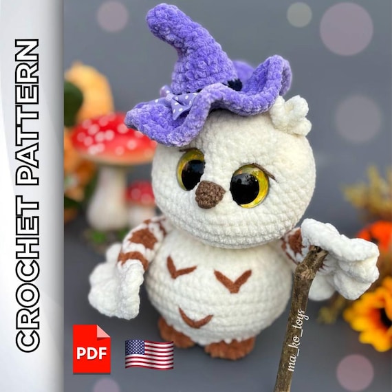 Preview of Crochet pattern Halloween Owl with Witch Hat and Pumpkin. Amigurumi PDF tutorial. Instant digital download by ThreadTutorial