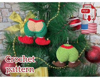 Padrão de crochê para enfeites de bumbum de elfo. Tutorial em PDF de decoração de árvore de Natal divertida para um toque natalino lúdico.