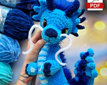 Blue Dragon crochet pattern, toy pattern for kids, crochet tutorial in PDF format.