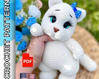 Plush Cat crochet pattern, amigurumi kitten pdf tutorial, soft toy crochet pattern for beginners, stuffed animal diy pattern