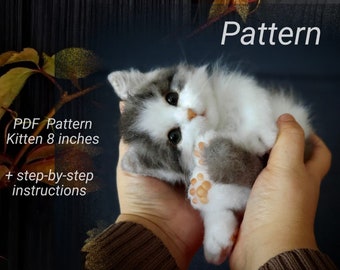 Pattern of a fluffy kitten 8 inches, Realistic Plush Toy. Step-by-step photo tutorial.