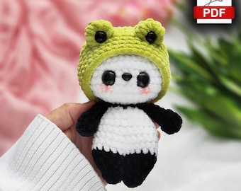 Crochet Pattern Panda in Frog Hat. Kawaii Amigurumi Plush Toy PDF Tutorial. Cute Animal Doll for Baby Gifts and Nursery Decor