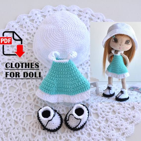Preview of Crochet Doll Clothes pattern. Outfit set for 18 cm amigurumi doll PDF tutorial in English by ThreadTutorial