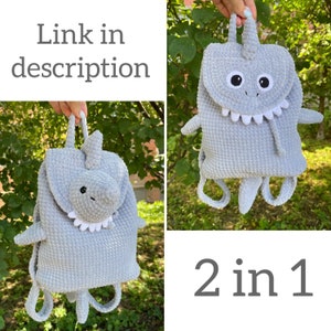 Puede incluir: Una mochila de tibur&oacute;n de crochet gris con boca y ojos blancos. La mochila es 2 en 1, lo que significa que se puede usar como mochila o como peluche.