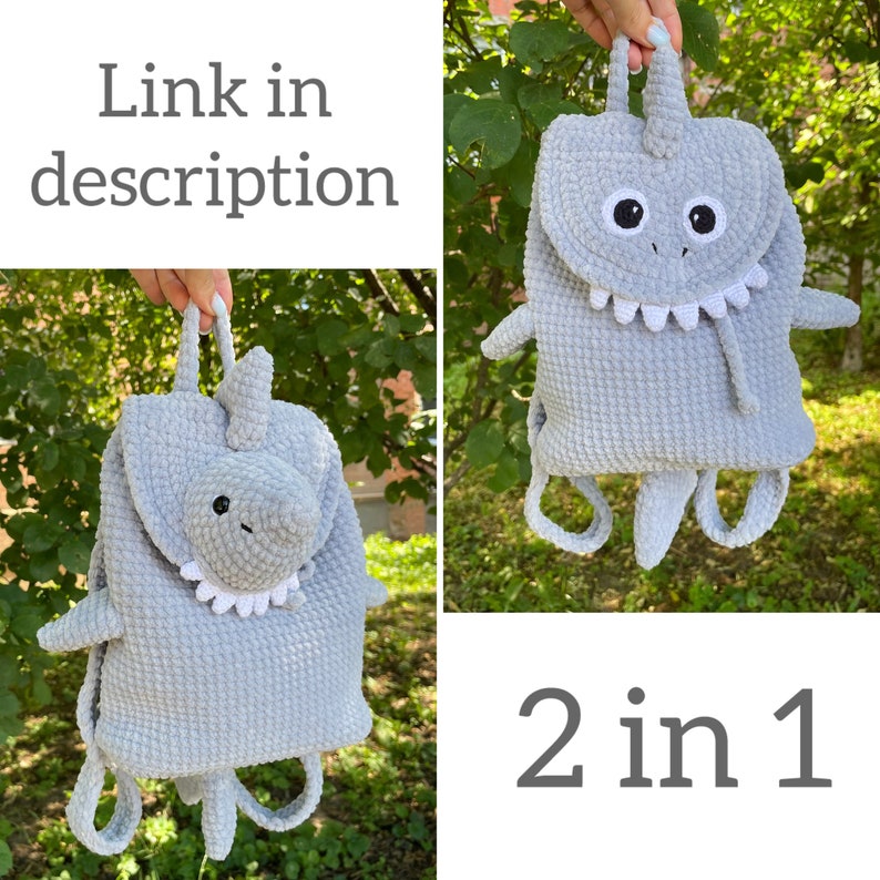 Puede incluir: Una mochila de tibur&oacute;n de crochet gris con boca y ojos blancos. La mochila es 2 en 1, lo que significa que se puede usar como mochila o como peluche.