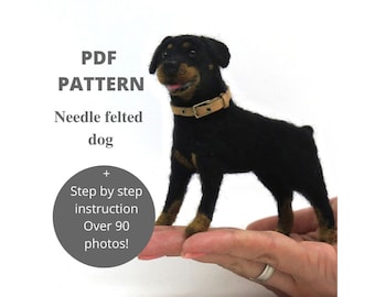 Patrón de Rottweiler para fieltro con aguja. Tutorial en PDF sobre escultura blanda de perro miniatura realista.