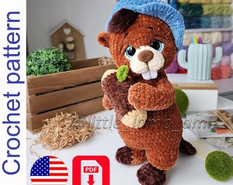 Patrón de castor a crochet: juguete de peluche amigurumi con tronco y gorro, descarga instantánea en PDF.