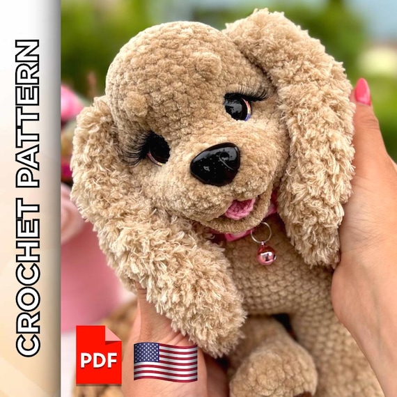 Preview of Crochet Spaniel pattern, plush amigurumi puppy tutorial, pdf crochet toy pattern for beginners, stuffed animal dog pattern by ThreadTutorial