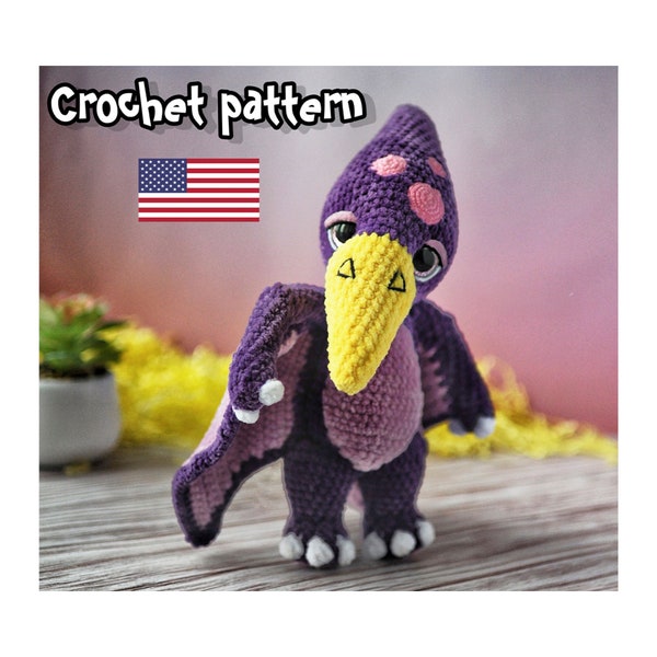 Dinosaur crochet pattern, crochet amigurumi Pterodactyl, stuffed dinosaur, crochet pluch, ENGLISH PDF, DIY tutorial