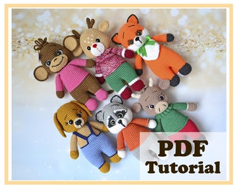 Amigurumi animals patterns PDF. Amigurumi Raccoon, Fox, Bull, Deer, Dog, Monkey / Crochet animals toys