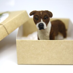 May include: A brown and white dog figurine inside a tan gift box. The dog has a white chest and face with brown markings. The box is open, revealing the dog and a white interior. A sprig of greenery and red berries adorn the box.