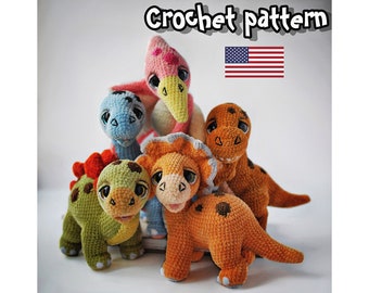 Set 5 in 1, modello dinosauro all'uncinetto, animale all'uncinetto, amigurumi all'uncinetto, giocattolo dinosauro, PDF inglese americano, tutorial fai da te