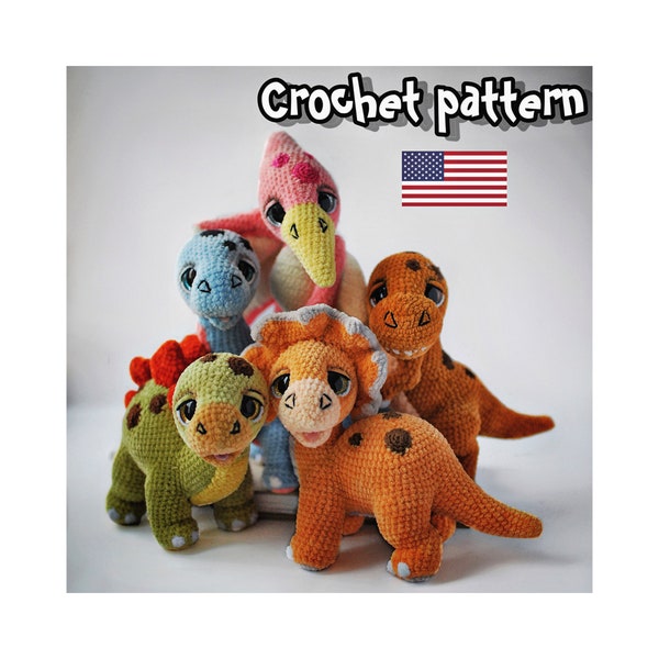 Set 5 in 1, modello dinosauro all'uncinetto, animale all'uncinetto, amigurumi all'uncinetto, giocattolo dinosauro, PDF inglese americano, tutorial fai da te