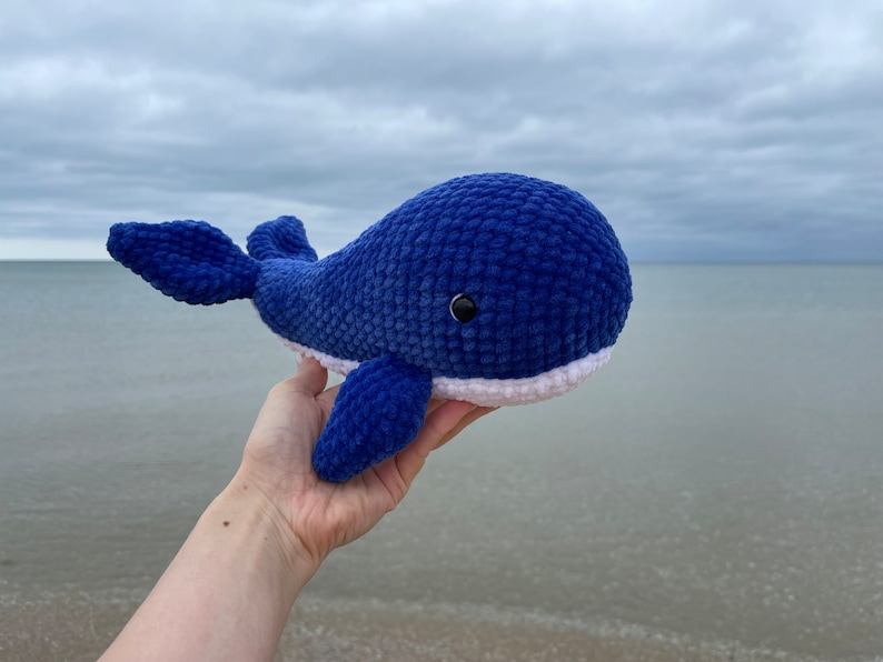 May include: A blue crocheted whale plush toy with white accents and a single black eye. The whale is being held in a hand against a background of a cloudy sky and a body of water.