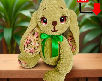 Zelfstudie Floppy Bunny haken. Pluche konijn amigurumi patroon pdf voor een zacht handgemaakt speelgoed