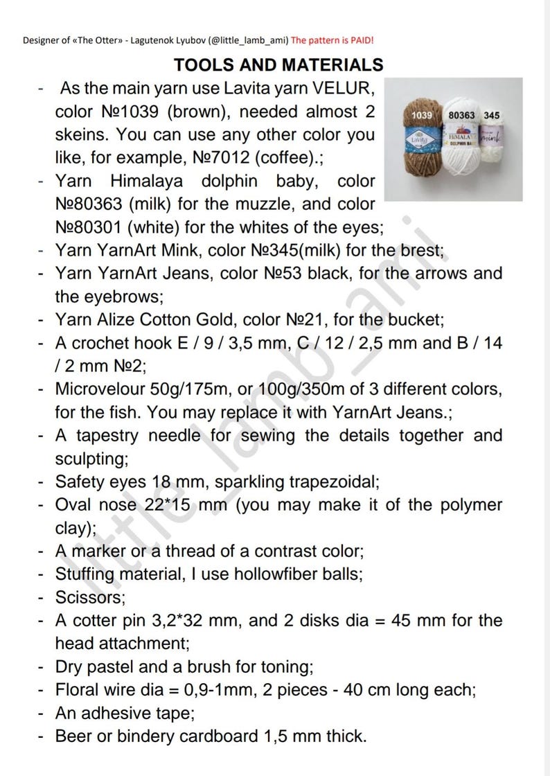 Crochet pattern tools and materials list for making a plush otter toy. Includes yarn recommendations, hook sizes, safety eyes, stuffing, and more – everything needed for the project.