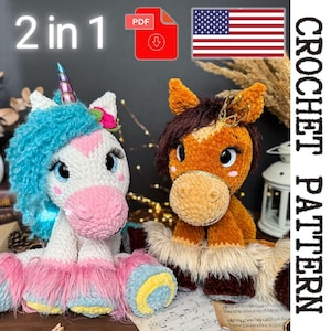 2 in 1 Crochet Pattern – Plush Unicorn and Horse Amigurumi PDF Tutorial – Beginner-Friendly Soft Toy Patterns – Cute Gift Idea for Girls