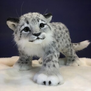 May include: A white and gray plush snow leopard cub with black eyes and a white chest. The cub is standing on a white surface and has its head tilted to the side.