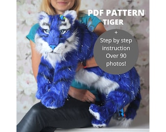 Tiger sewing pattern plush toy, instruction how to sew printable PDF Stuffed Animal Sewing Tutorial patterns Fur toy pattern