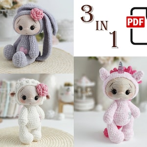 Crochet pattern baby dolls in outfits: bunny, lamb and unicorn / amigurumi unicorn pattern / crochet animals