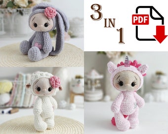 Crochet pattern for Baby Dolls in outfits: Bunny, Lamb and Unicorn. Amigurumi toy set. Instant PDF download