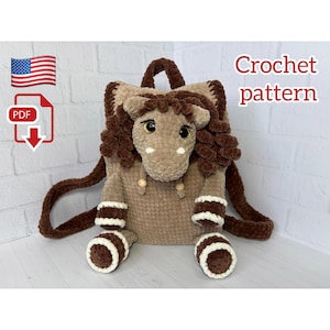 May include: A crochet horse-shaped backpack in tan and brown. The backpack features a detailed horse face and legs, with brown straps and mane. The text "Crochet pattern" is displayed on the right side of the image.