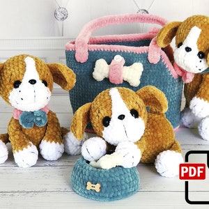 Lucky el Cachorro: Patrón de amigurumi de ganchillo para un adorable perro con un pequeño bolso como accesorio. Descarga instantánea en PDF.