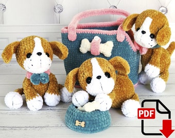 Lucky the Puppy: amigurumi-haakpatroon voor schattige hond met klein tasje. Pdf-bestand direct downloaden.