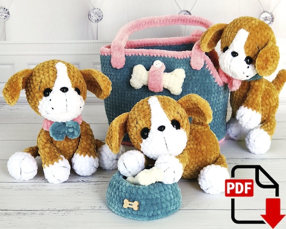 Preview of Lucky the Puppy: Amigurumi Crochet Pattern for cute dog with small bag accessory. PDF instant download. by ThreadTutorial