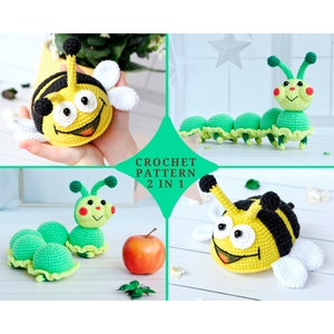 Crochet Pattern Bumble Bee and Caterpillar, Amigurumi pattern, Amigurumi Centipede Tutorial, funny insects crochet pattern, 2 in1 pattern