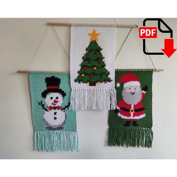 Christmas pattern 3 in 1. Tapestry pattern. Crochet wall hanging. Free: Mini-tutorial tapestry crochet method.