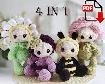 Crochet Pattern Bundle of Baby Dolls in Flower and Bee Costumes. Chamomile, Rose, Blackberry, Bee Amigurumi PDF Set 4 in 1