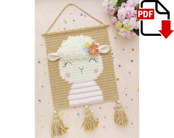 Patrón de crochet para colgar en la pared, patrón de decoración de pared, patrón de ovejas, patrón inglés de decoración de guardería