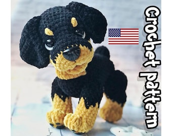 Crochet Rottweiler puppy pattern. Plush amigurumi dog toy, instant PDF tutorial