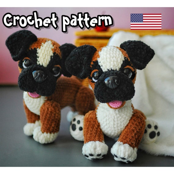Preview of Crochet Boxer pattern, crochet dog pattern, dog amigurumi, stuffed dog, ENGLISH PDF, DIY tutorial by ThreadTutorial