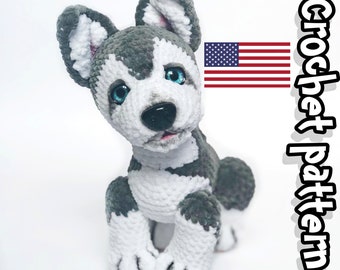 Crochet Husky dog pattern. Realistic amigurumi plush toy, instant PDF download