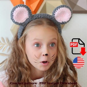 Crochet headband pattern with animal ears: fox, bear & mouse designs. Easy DIY project, instant PDF download