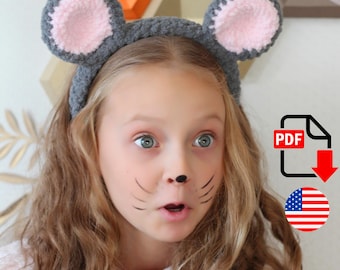 Crochet headband pattern with animal ears: fox, bear & mouse designs. Easy DIY project, instant PDF download