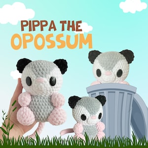 Może przedstawiać: Trzy pluszowe oposy wykonane na szydełku w kolorze szarym i różowym. Jeden opos jest w szarym koszu na śmieci. Tekst "PIPPA THE OPOSSUM" znajduje się w górnej części obrazu.