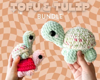 May include: Tofu & Tulip Bundle: Two crocheted turtle plushies. One is green with a floral pattern and the other is pink. Both have black eyes and a cute expression.
