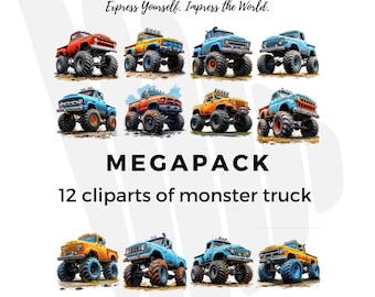 Cartoon Monster Truck Clipart, Kids Projects (Instant Download)