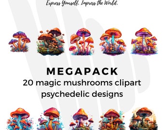マジックマッシュルーム、カラフルな水彩画風のイラスト。神秘的で