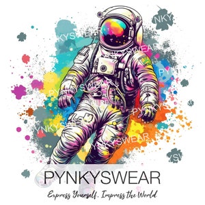 Puede incluir: Una ilustración colorida de un astronauta flotando en el espacio con un casco de color arcoíris. El fondo es una salpicadura de pintura colorida.