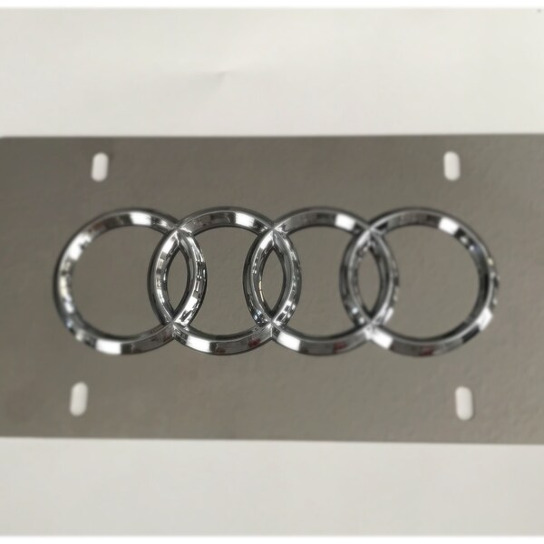 3D 4 Ring Emblem Aluminum Mirrored Chrome Front License Plate Frame With Screw Caps