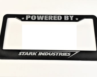Powered By Stark Industries Chrome Stainless Steel License Frame with caps