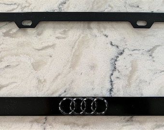 1x 4 Ring logo 3D emblem Carbon Fiber Steel License Plate Frame with caps