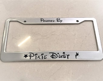 Disney Tinker Bell Power By Pixie Dust Chrome Stainless Steel License Plate Frame with Caps